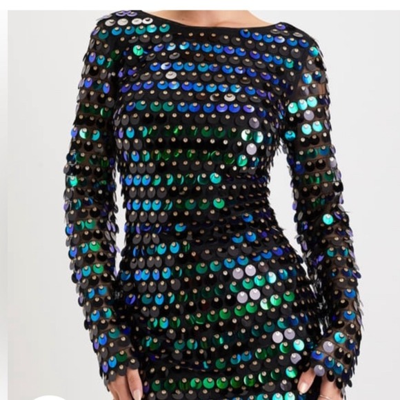 Lulus Iridescent Green Blue Sequin Mesh Mini Dress Size XS - Picture 3 of 8